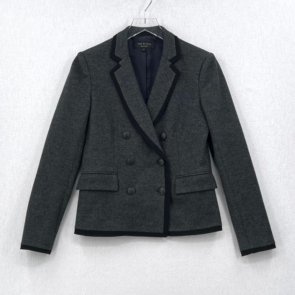 RAG AND BONE Wool Harrow Blazer Womens 2 Gray Black Trim Double Breasted Button - Picture 3 of 15
